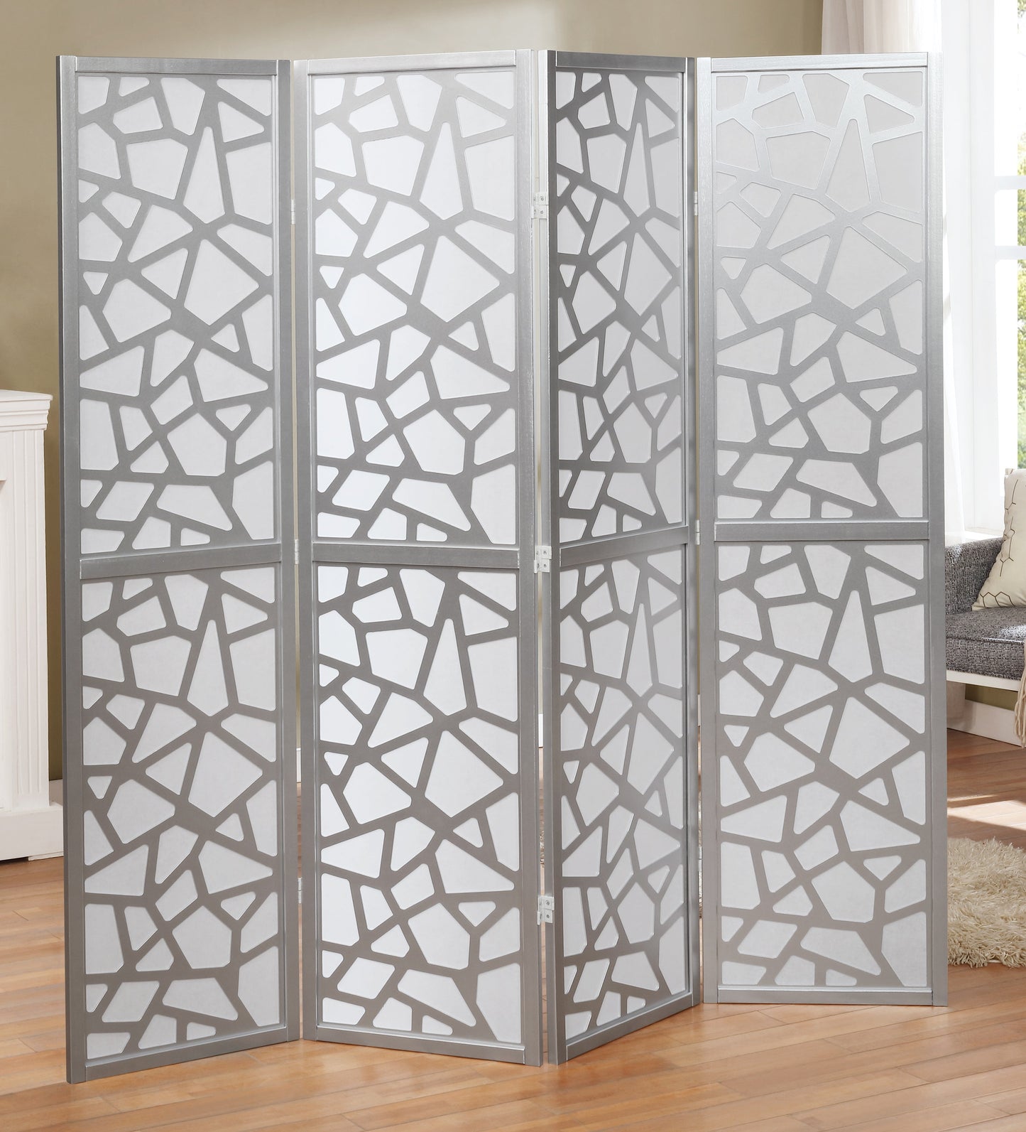 Roundhill Furniture Giyano 4 Panel Screen Room Divider, Silver