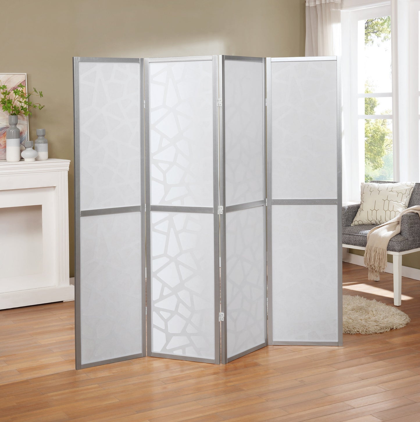 Roundhill Furniture Giyano 4 Panel Screen Room Divider, Silver