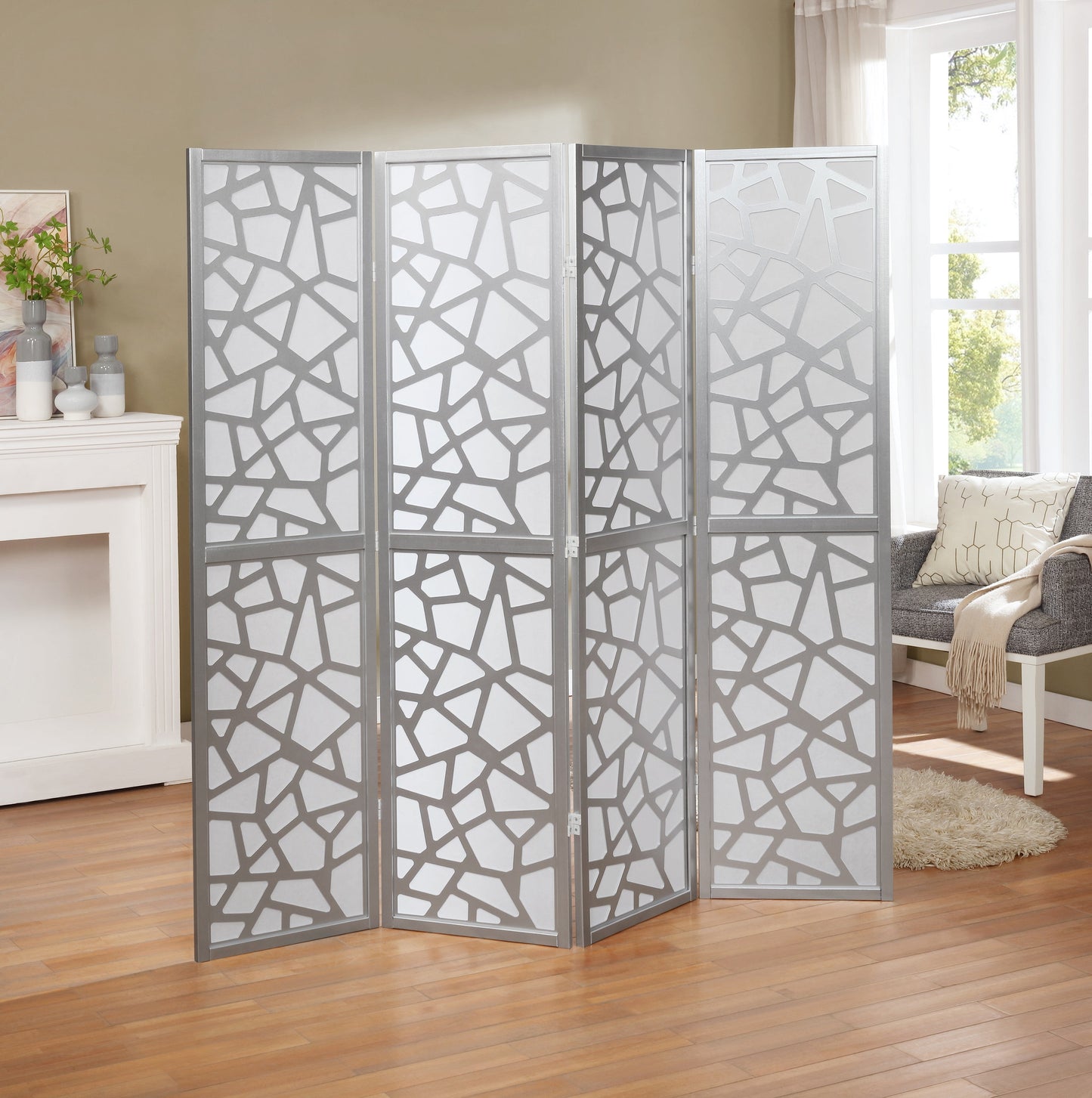 Roundhill Furniture Giyano 4 Panel Screen Room Divider, Silver