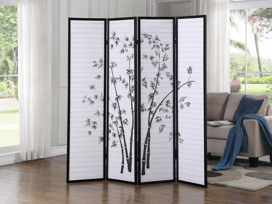 Roundhill Furniture Bamboo Print 4-Panel Framed Room Divider, Black