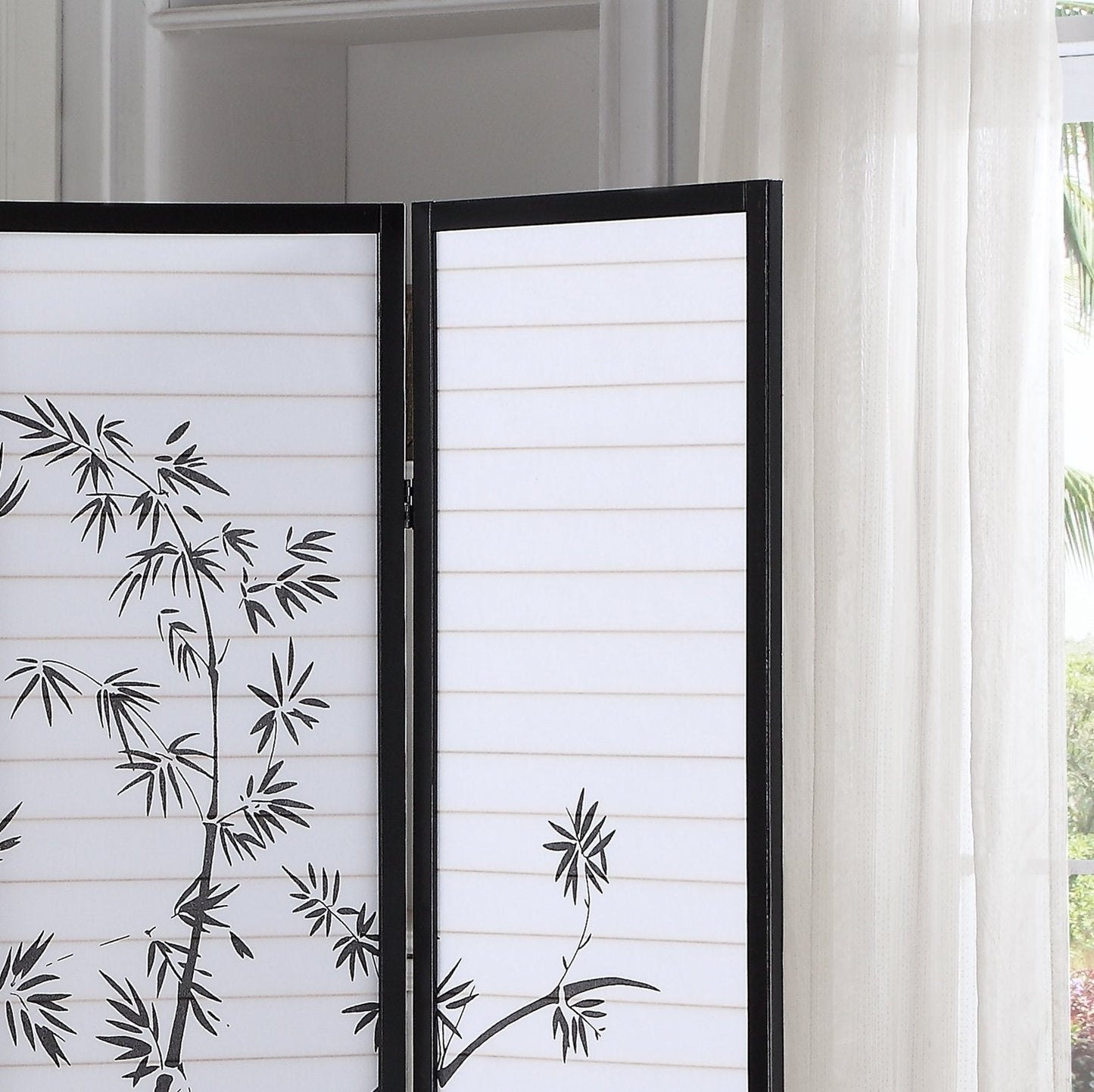 Bamboo Print 4-Panel Black Framed Room Screen/Divider