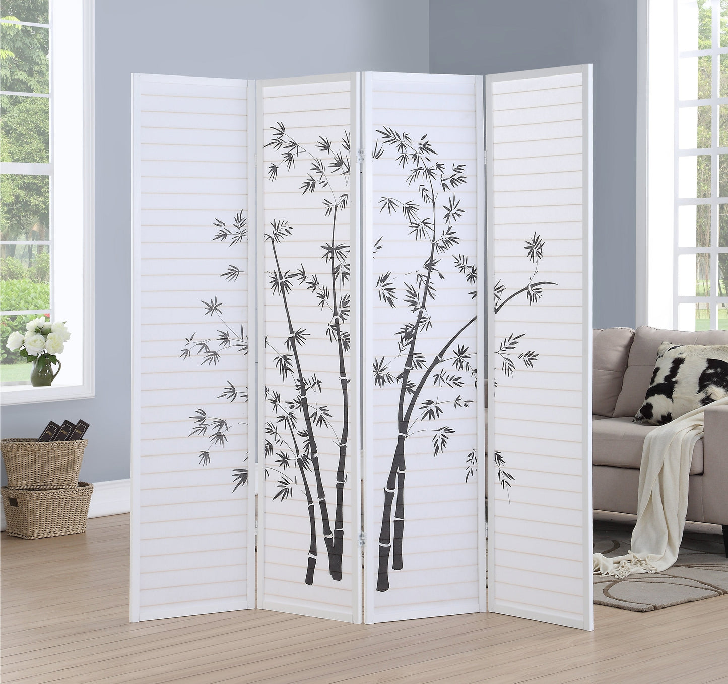 Roundhill Furniture Bamboo Print 4-Panel Framed Room Divider, White
