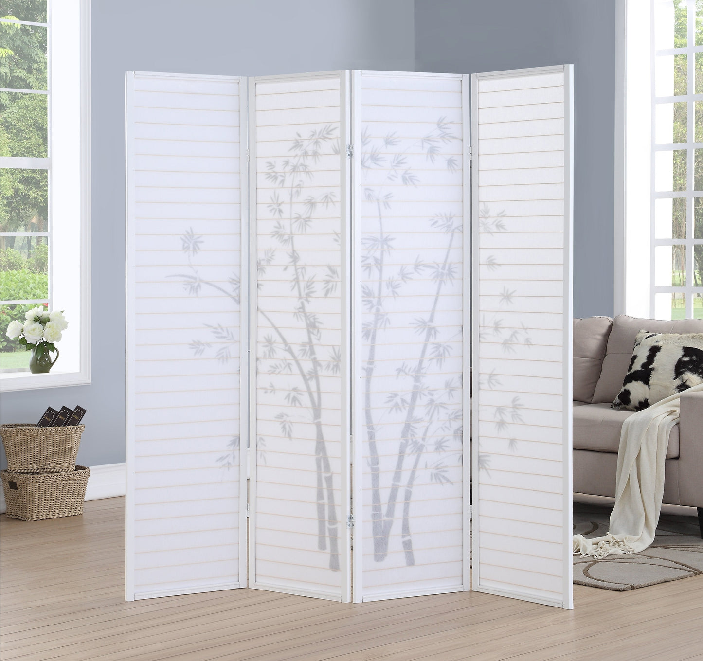Roundhill Furniture Bamboo Print 4-Panel Framed Room Divider, White