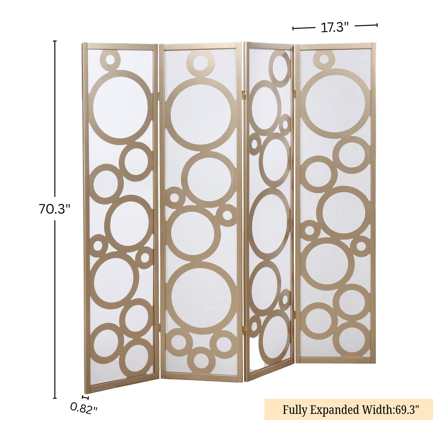 Arvada 4-Panel Wood Room Divider with Circle Pattern, Gold