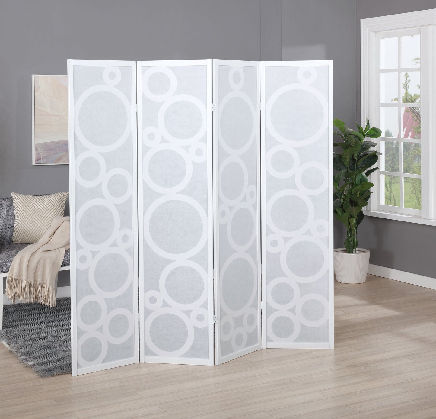 Roundhill Furniture Arvada 4-Panel Wood Room Divider with Circle Pattern, White