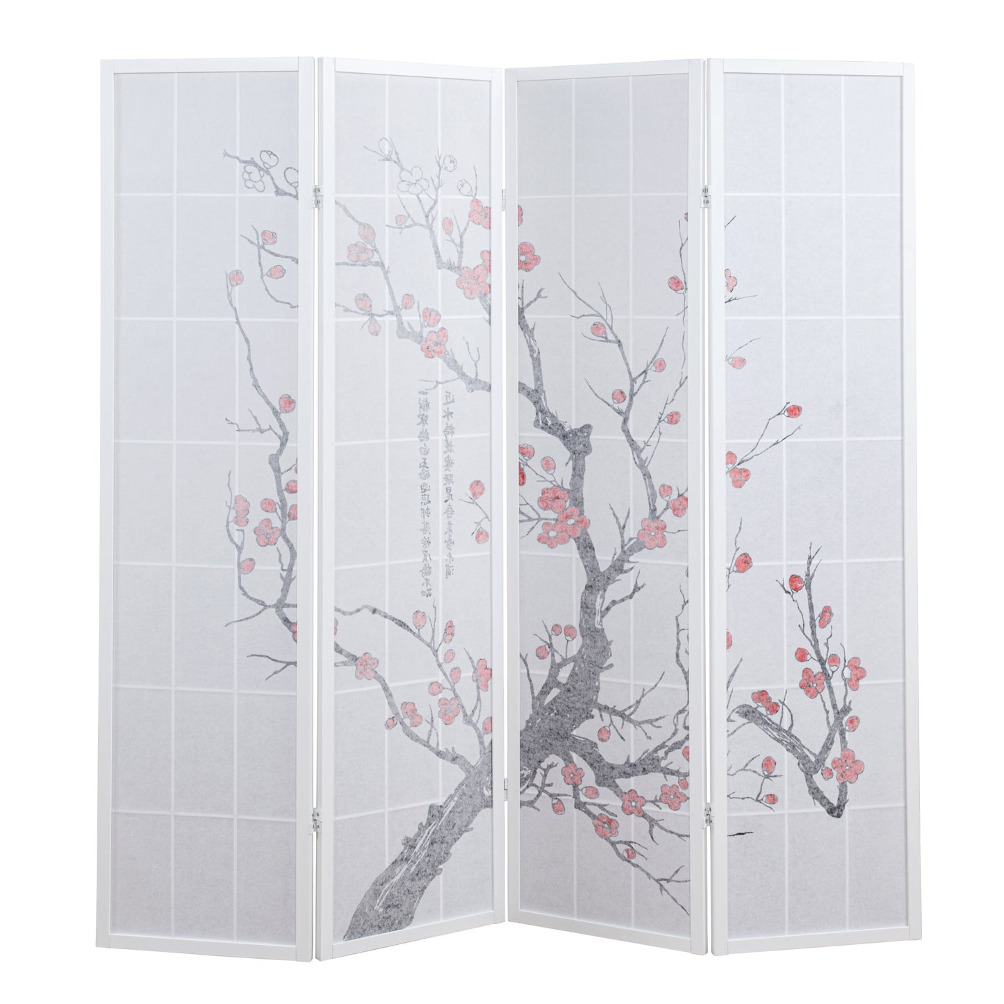 Roundhill Furniture Japanese 4-Panel Screen Room Divider, Plum Blossom