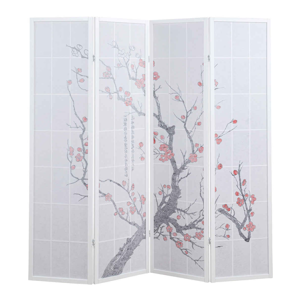 Roundhill Furniture Japanese 4-Panel Screen Room Divider, Plum Blossom