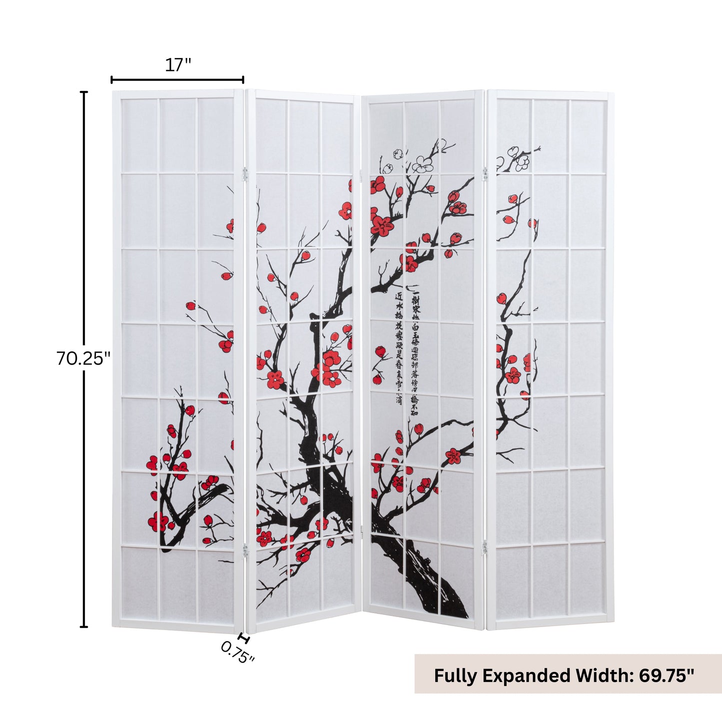 Roundhill Furniture Japanese 4-Panel Screen Room Divider, Plum Blossom