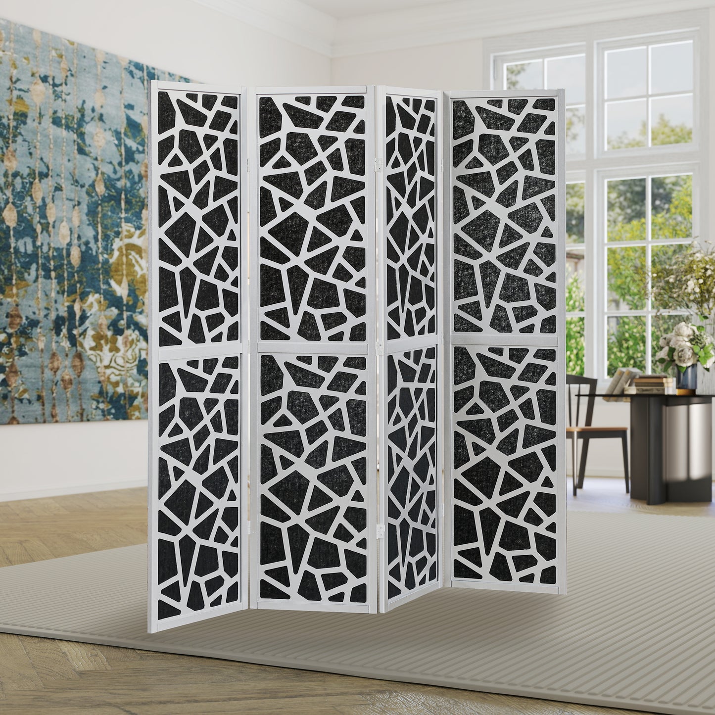Roundhill Furniture Aurra 4-Panel Wood Room Divider, Folding Portable Partition Screen