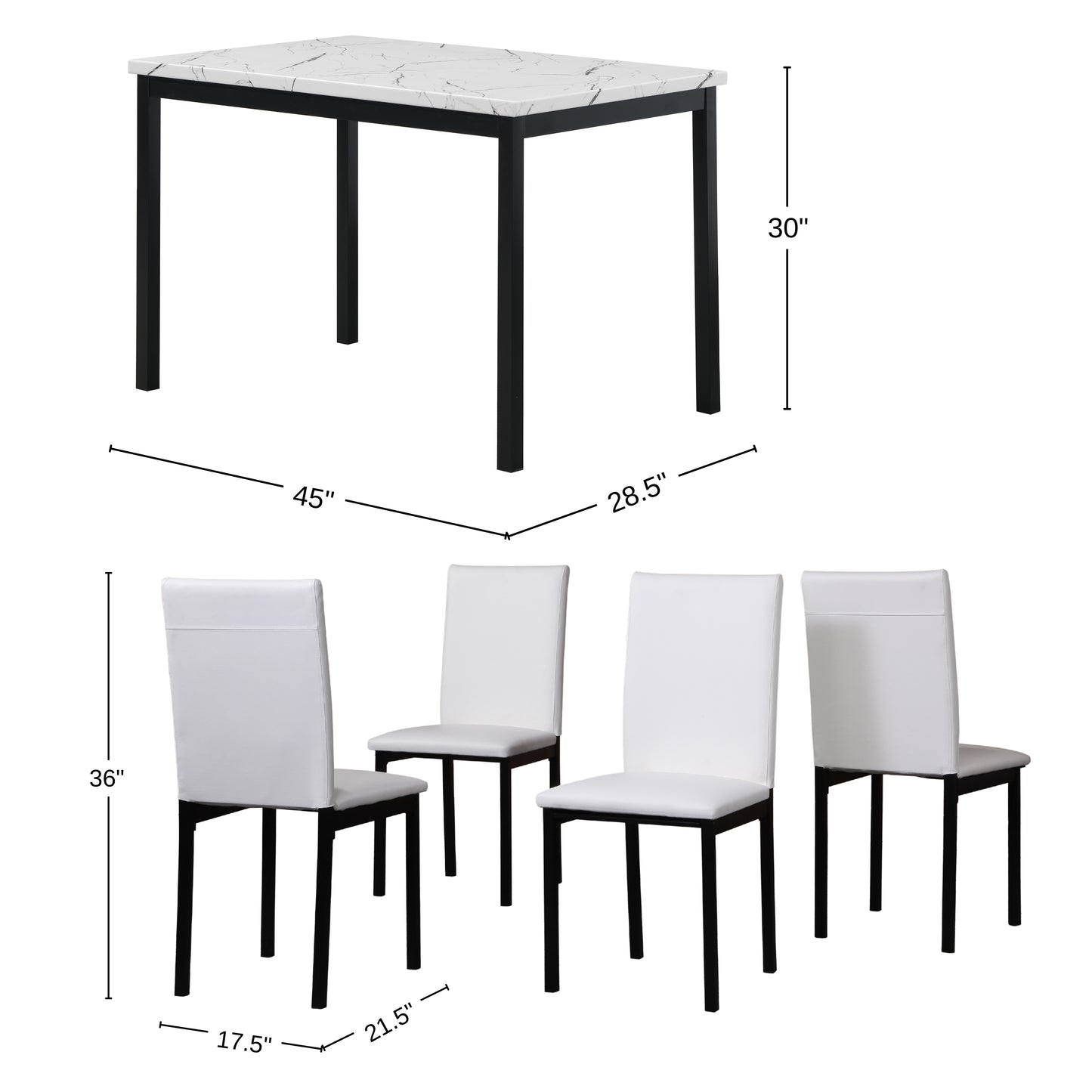 Citico 5-Piece Metal Dinette Set with Laminated Off-white Faux Marble Top, 4 White Chairs