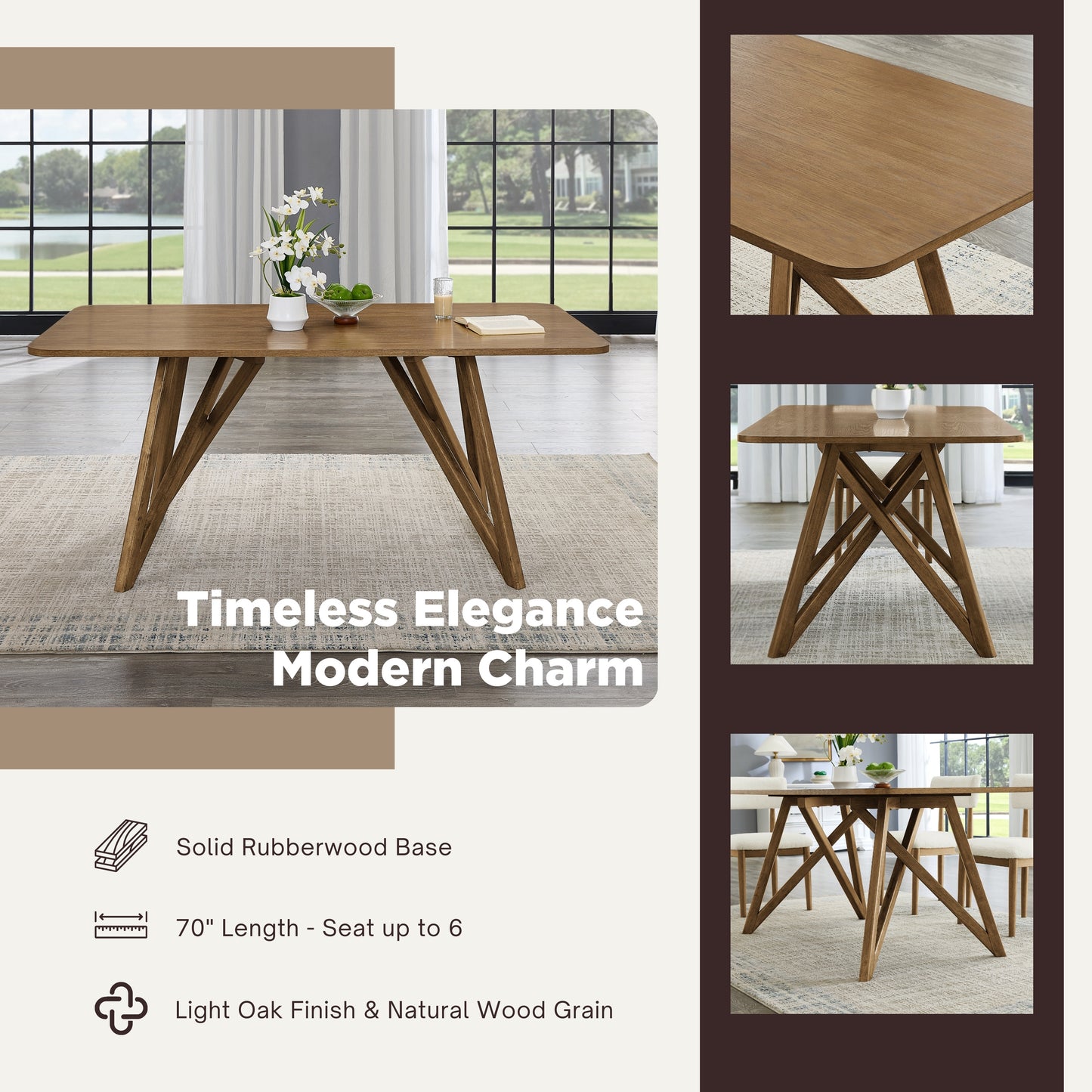 Roundhill Furniture Avery 5-Piece Dining Set, Tripod-Cross Dining Table with 4 Stylish Chairs, Light Oak