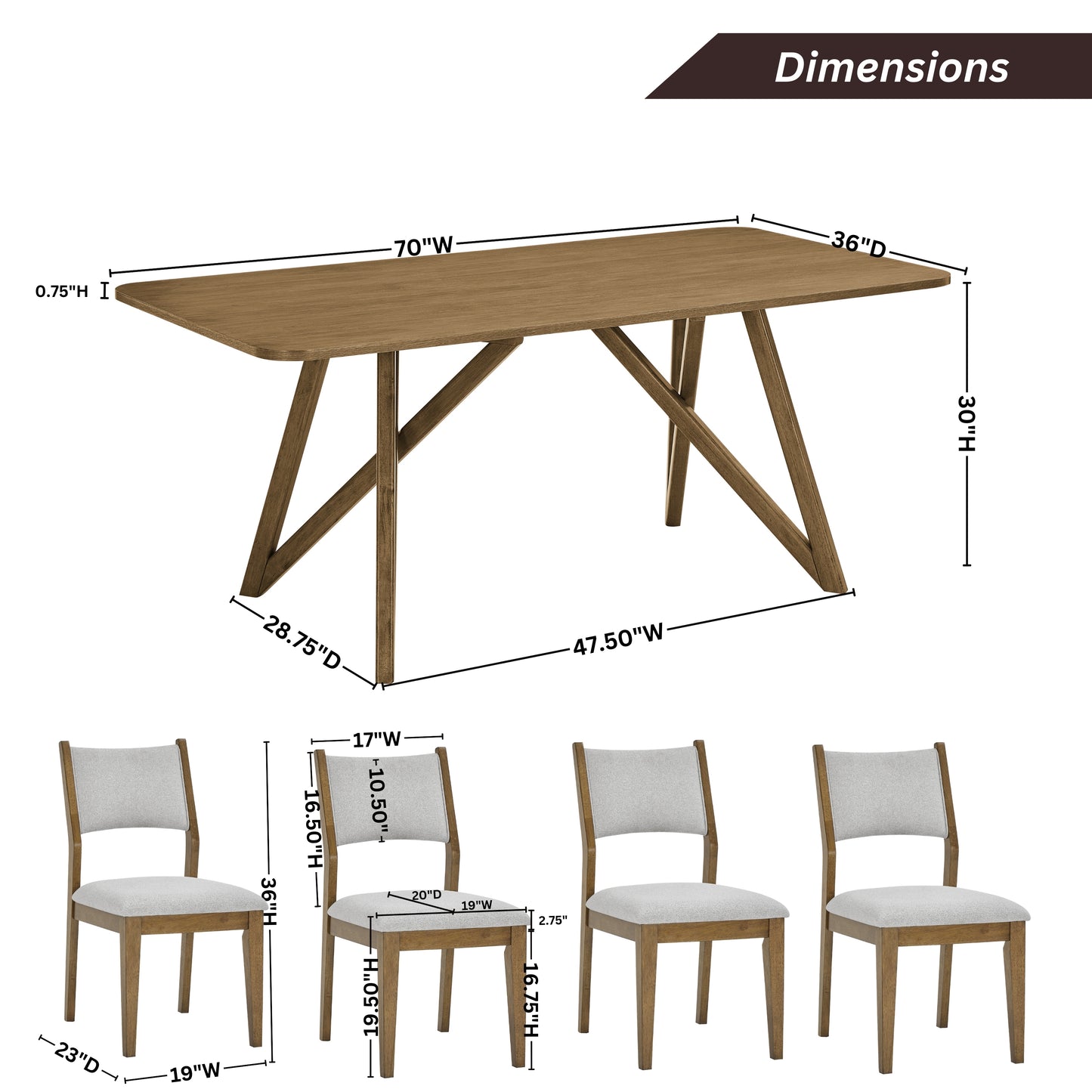 Roundhill Furniture Avery 5-Piece Dining Set, Tripod-Cross Dining Table with 4 Stylish Chairs, Light Oak
