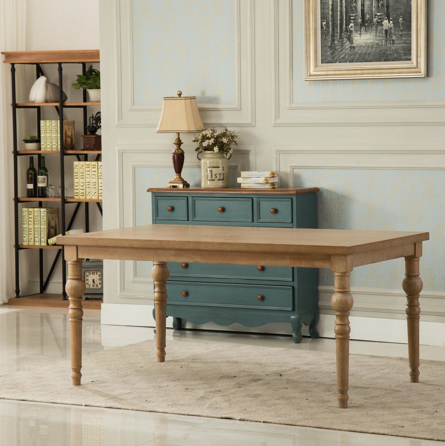 Habitanian Solid Wood Dining Table with 6 tufted Chairs, Gray