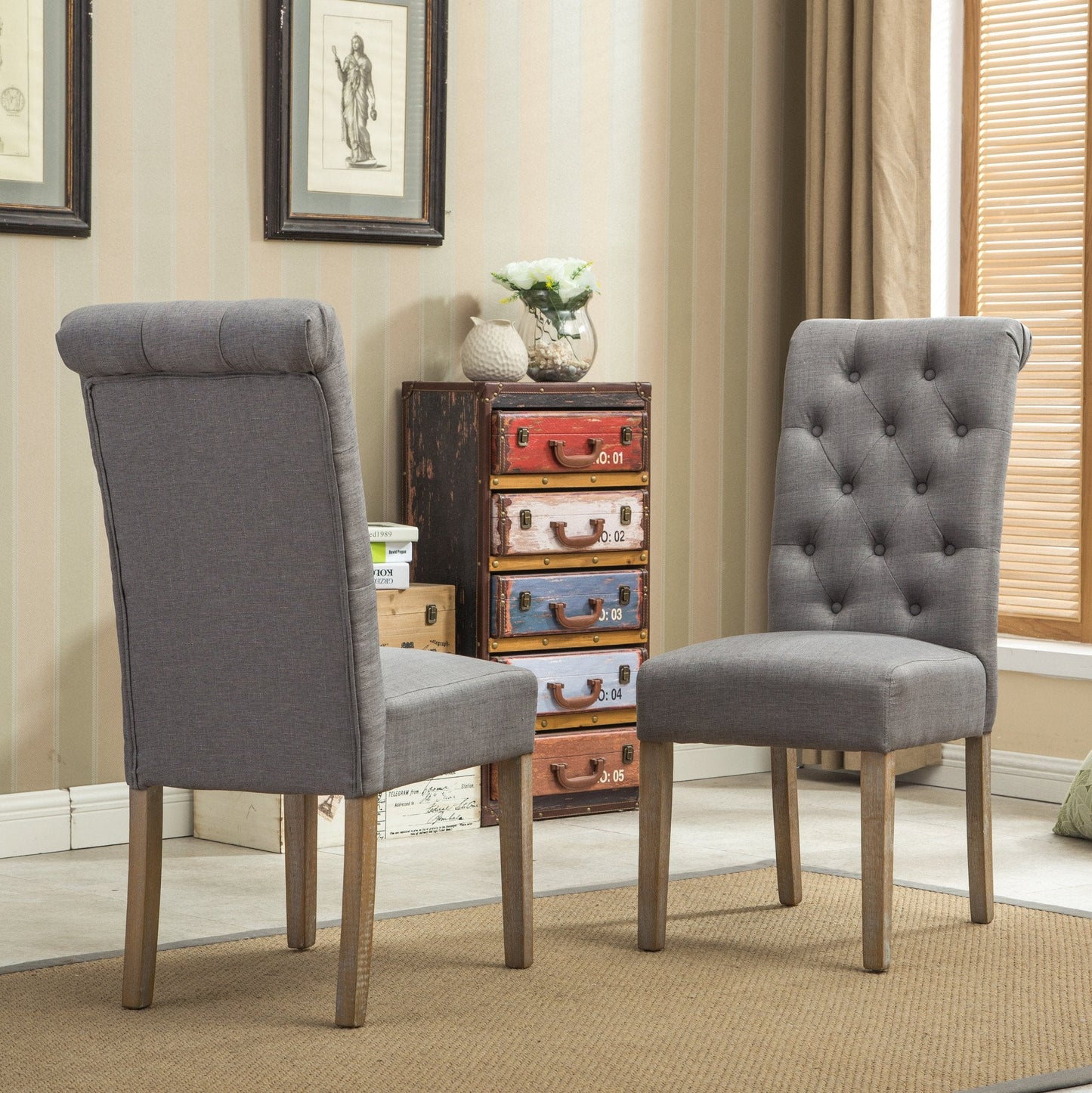 Habitanian Solid Wood Dining Table with 6 tufted Chairs, Gray