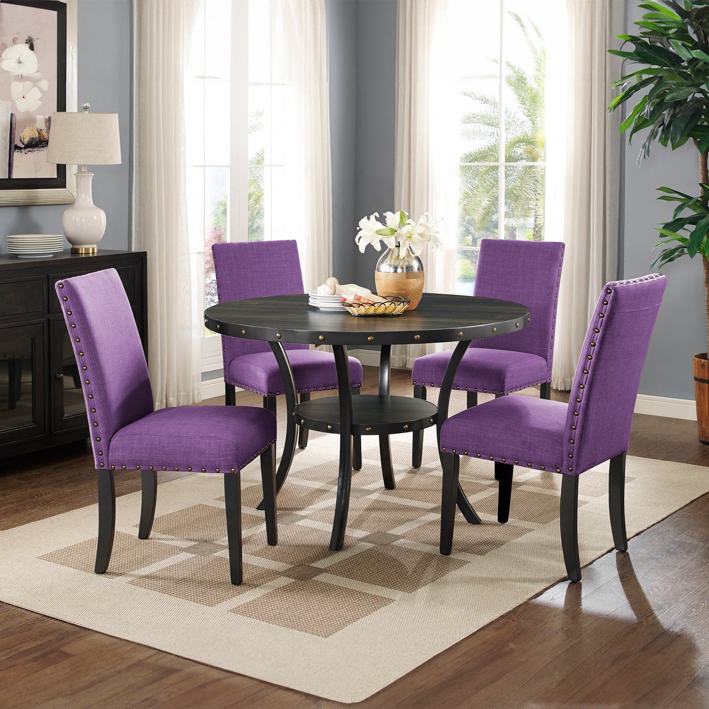 Roundhill Furniture Biony Espresso Wood Dining Set with Fabric Nailhead Chairs