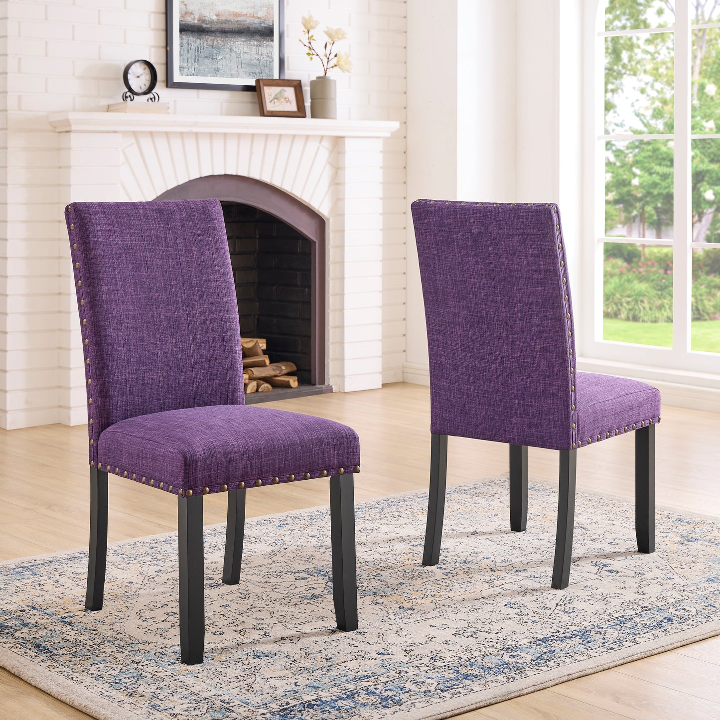 Roundhill Furniture Biony Espresso Wood Dining Set with Fabric Nailhead Chairs