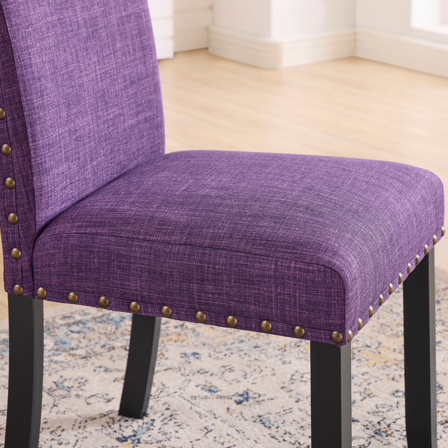 Roundhill Furniture Biony Espresso Wood Dining Set with Fabric Nailhead Chairs