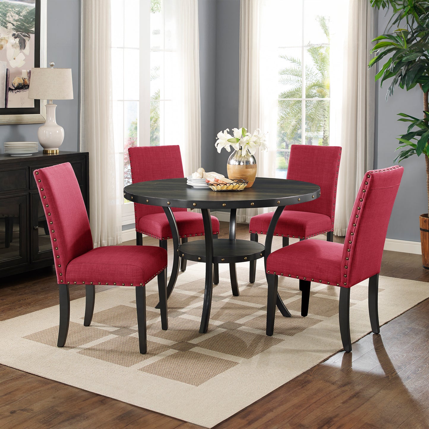 Roundhill Furniture Biony Espresso Wood Dining Set with Fabric Nailhead Chairs
