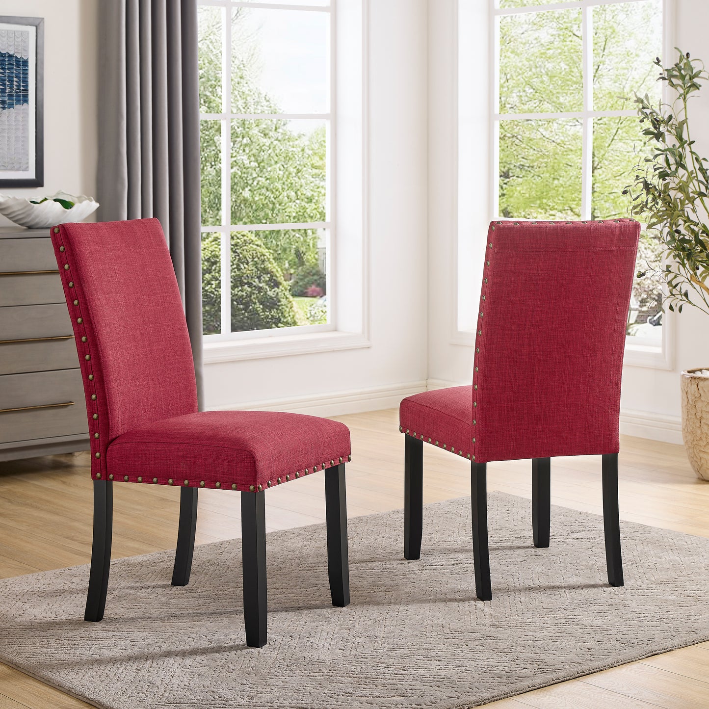 Roundhill Furniture Biony Espresso Wood Dining Set with Fabric Nailhead Chairs