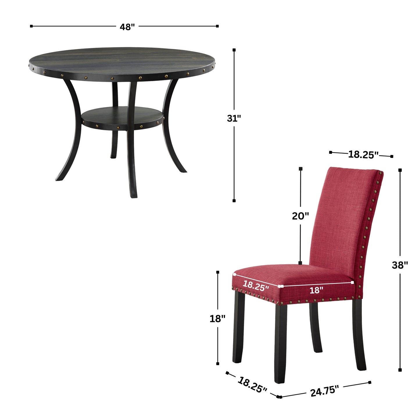 Roundhill Furniture Biony Espresso Wood Dining Set with Fabric Nailhead Chairs