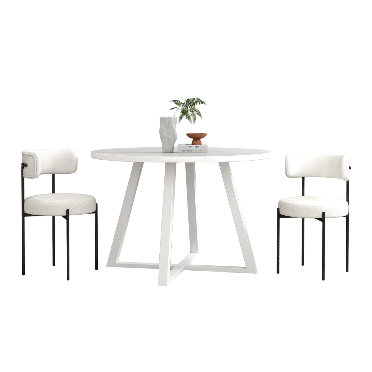 Durban 3-Piece Round Dining Set, Trestle Dining Table with 2 Boucle Chairs