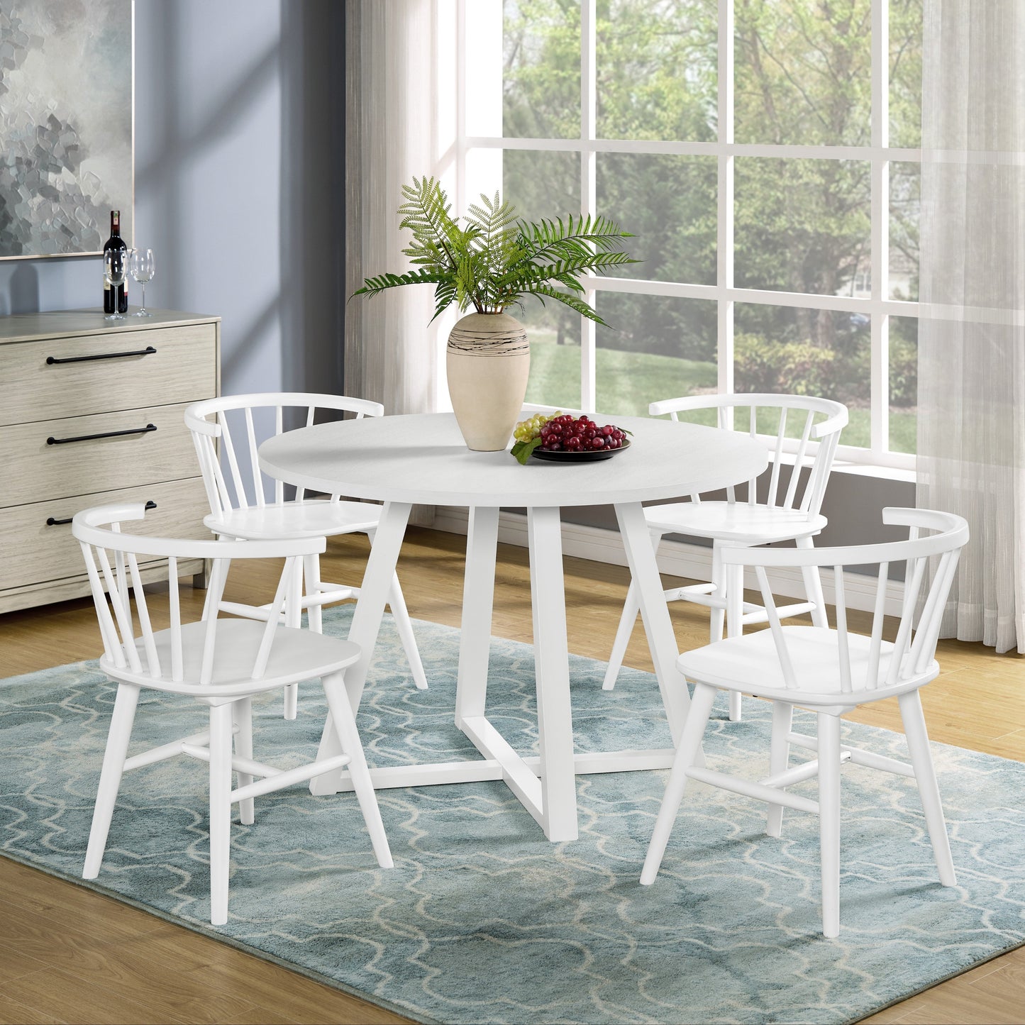 Roundhill Furniture Edo Wood 5-Piece Dining Set, Trestle Dining Table with 4 Windsor Chairs, White