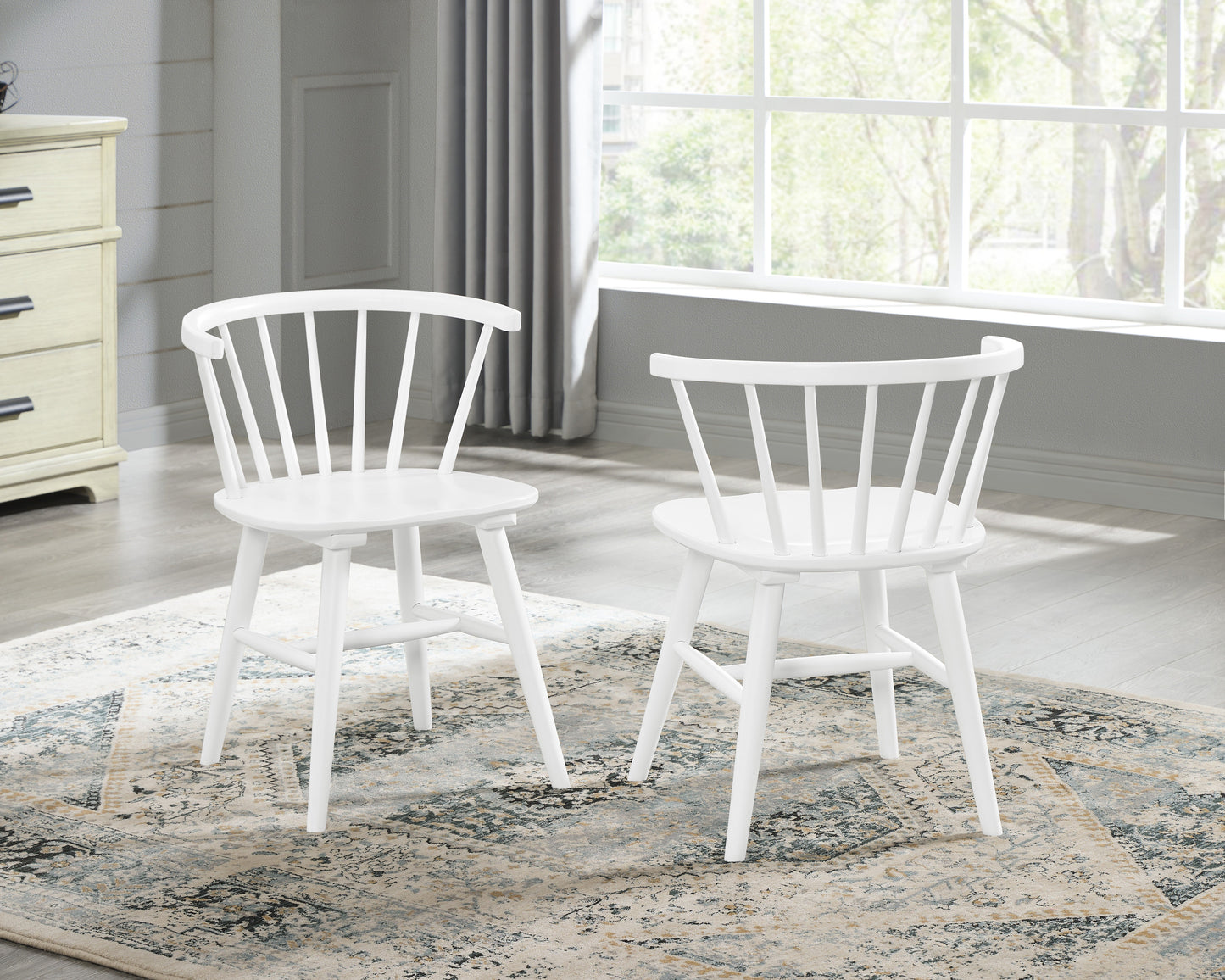 Roundhill Furniture Edo Wood 5-Piece Dining Set, Trestle Dining Table with 4 Windsor Chairs, White