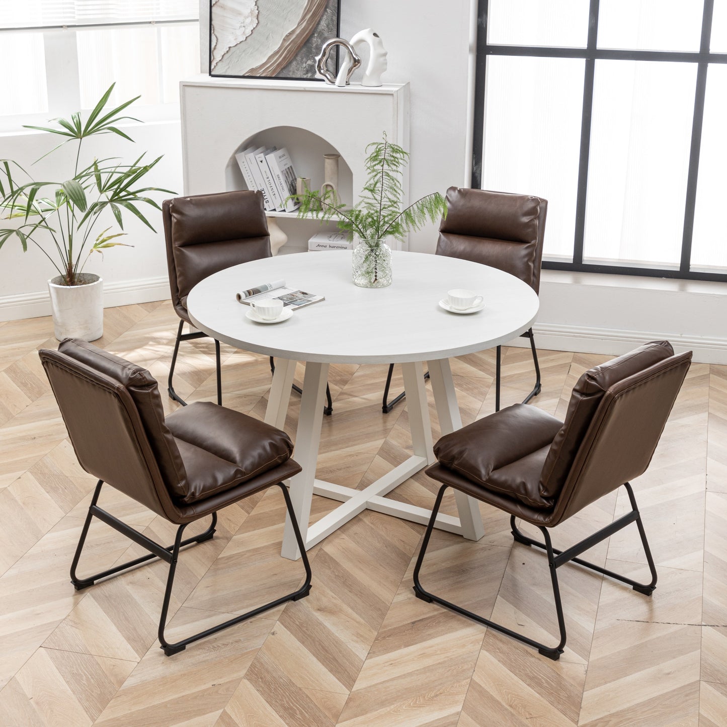 Roundhill Furniture Innes Round Dining Set, Trestle Dining Table with 4 Stylish Chairs, 5-Piece
