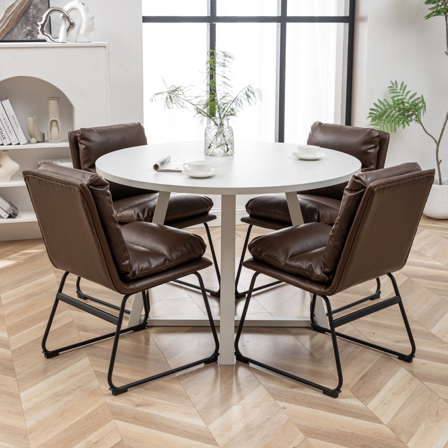 Roundhill Furniture Innes Round Dining Set, Trestle Dining Table with 4 Stylish Chairs, 5-Piece