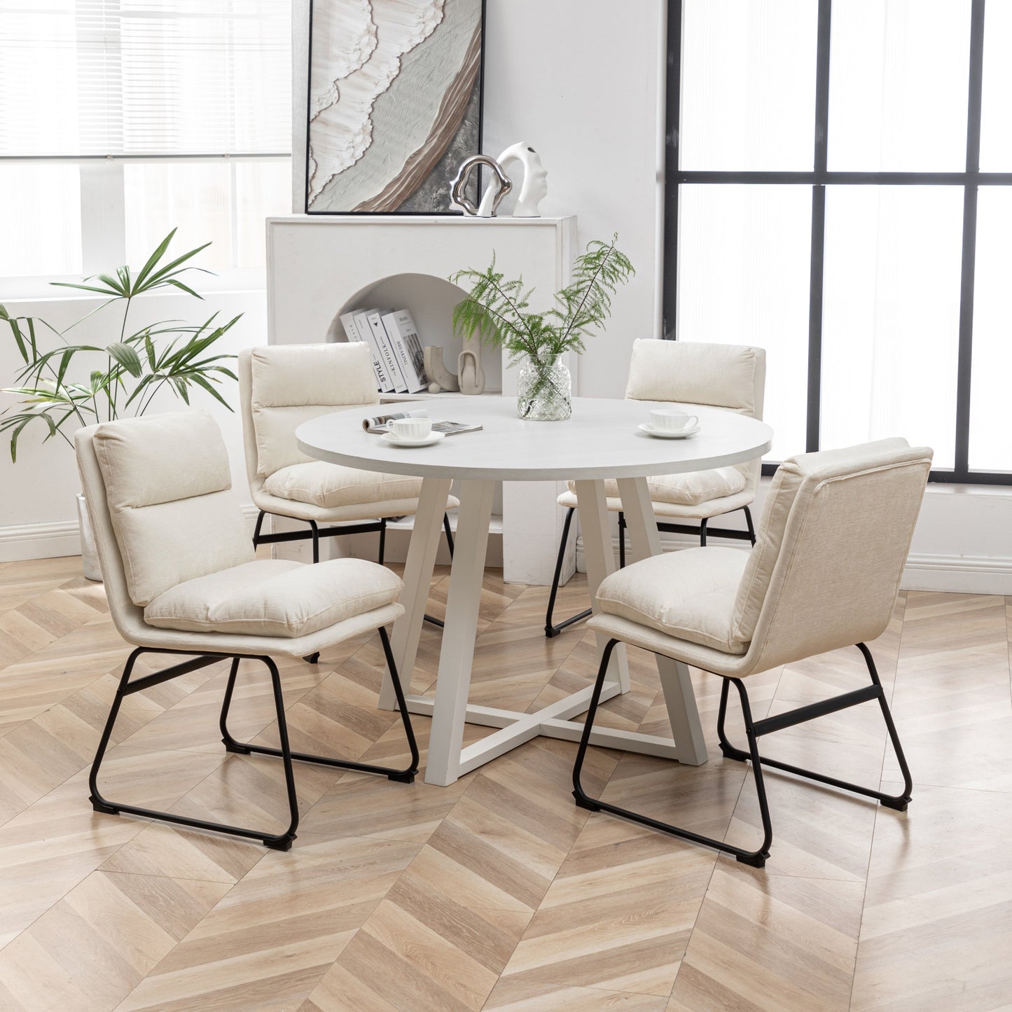 Roundhill Furniture Innes Round Dining Set, Trestle Dining Table with 4 Stylish Chairs, 5-Piece