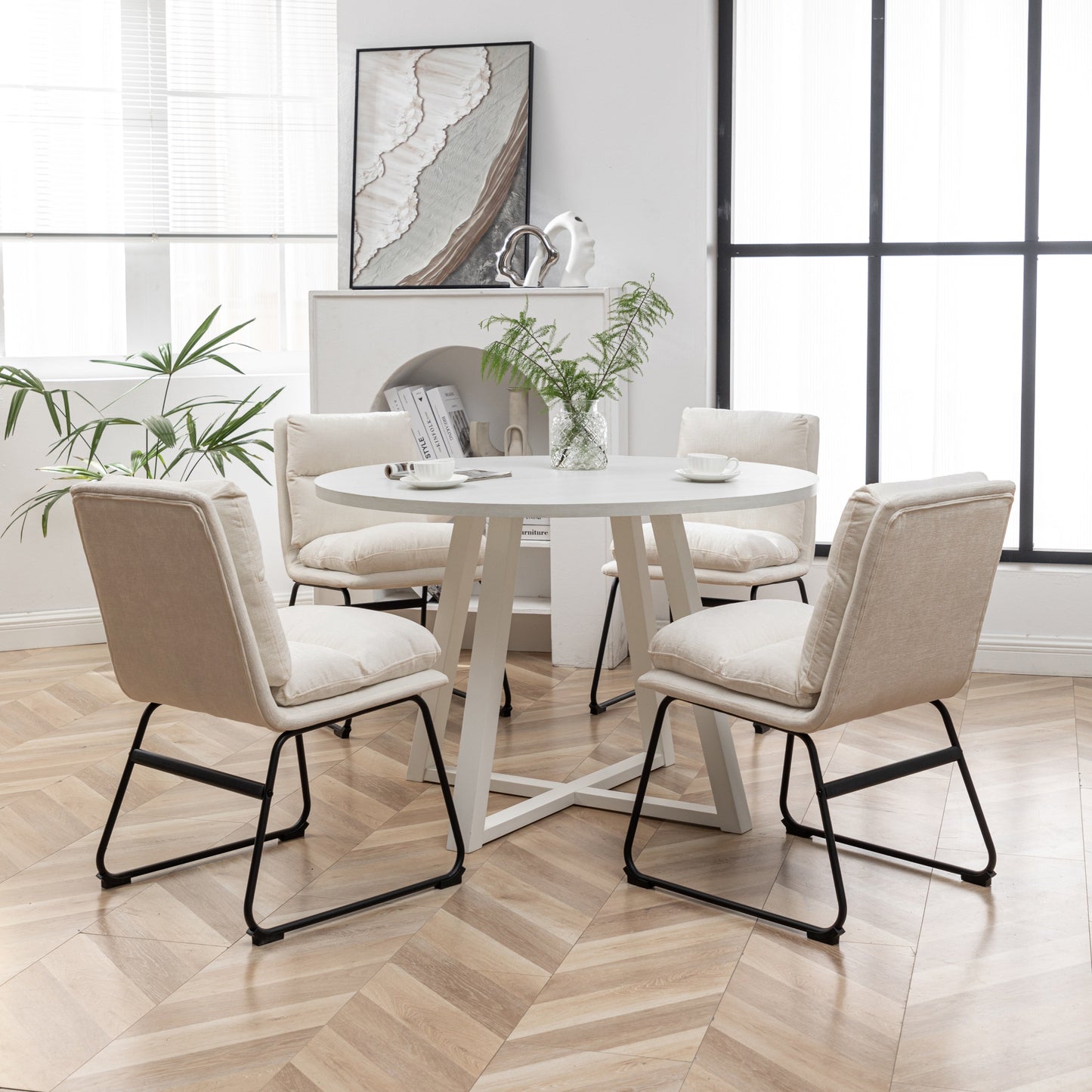 Roundhill Furniture Innes Round Dining Set, Trestle Dining Table with 4 Stylish Chairs, 5-Piece