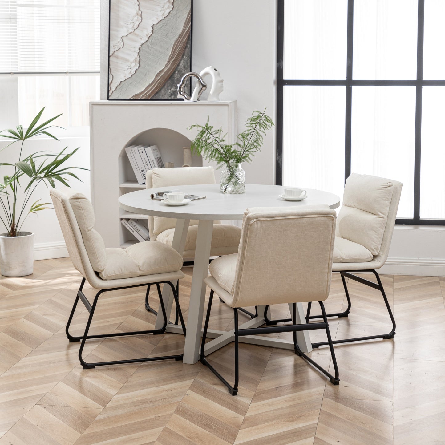Roundhill Furniture Innes Round Dining Set, Trestle Dining Table with 4 Stylish Chairs, 5-Piece