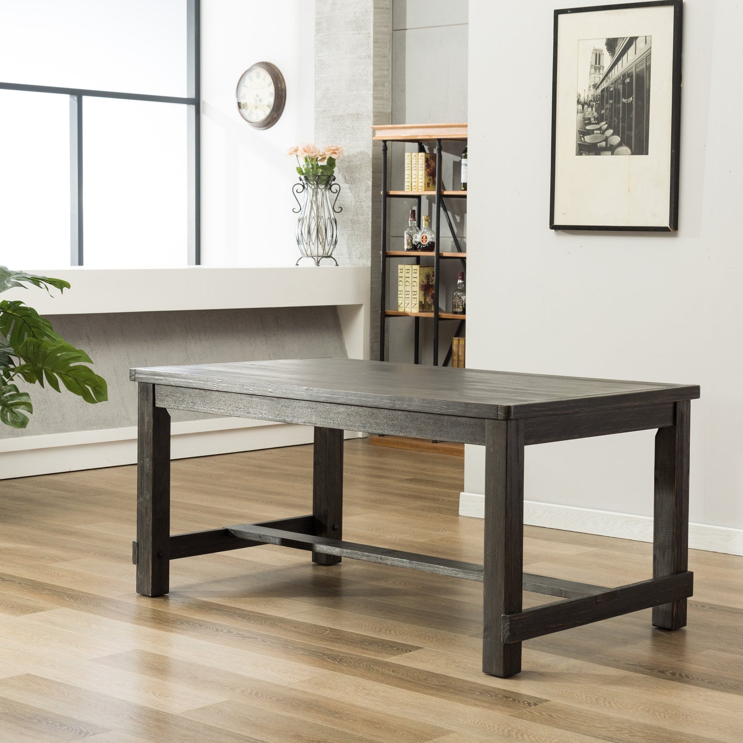 Leviton Antique Black Finished Wood Dining Set, Table with Six Chair, Gray