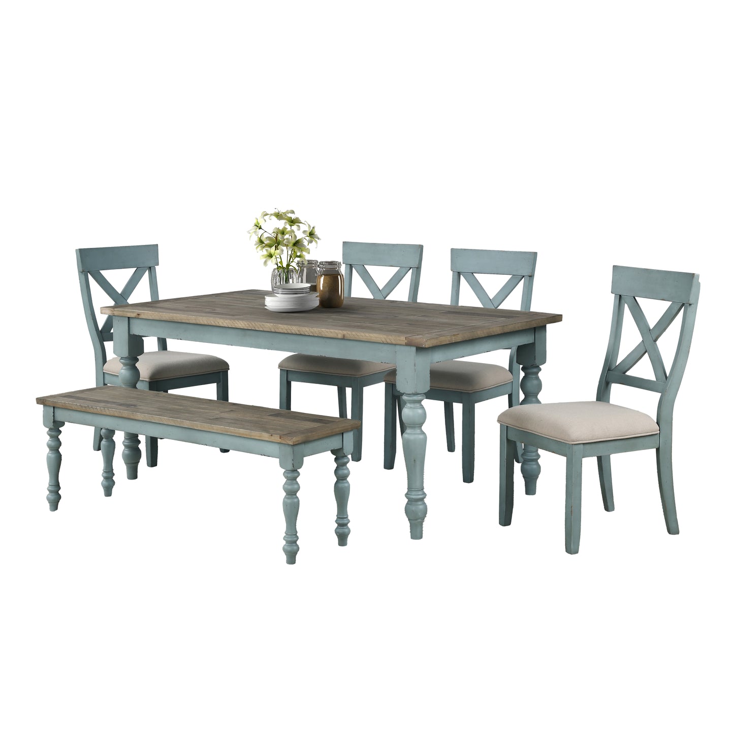 Prato 6-Piece Dining Table Set with Cross Back Chairs and Dining Bench
