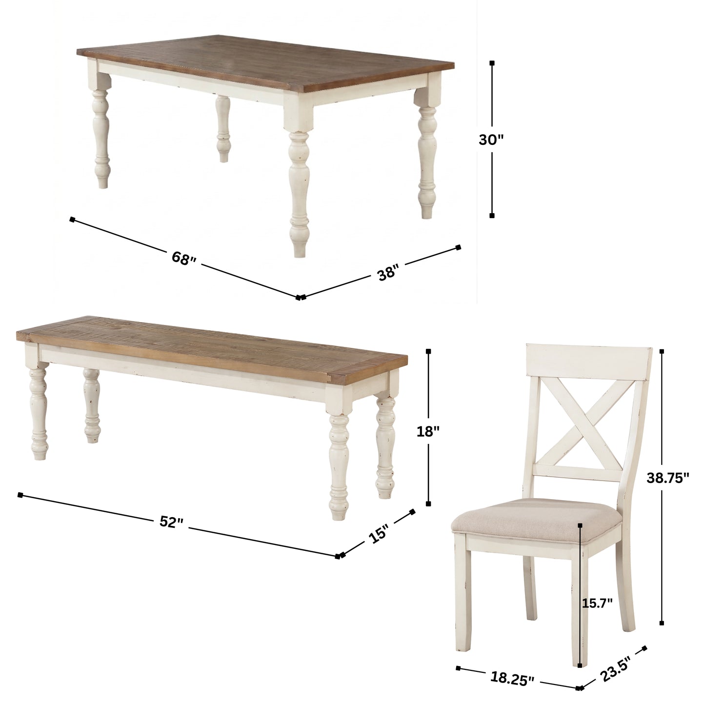 Prato 6-piece Dining Table Set With Cross Back Chairs and Bench, Antique White and Distressed Oak