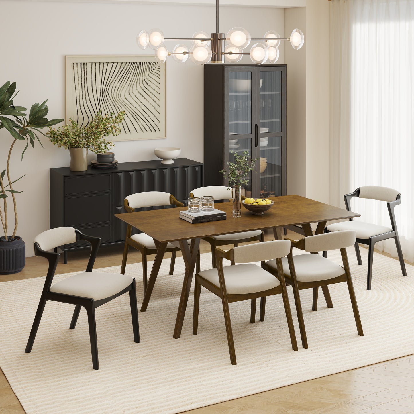 Roundhill Furniture Lavin Modern 5-Piece Dining Set, Dining Table with 2 Walnut and 2 Black Chairs