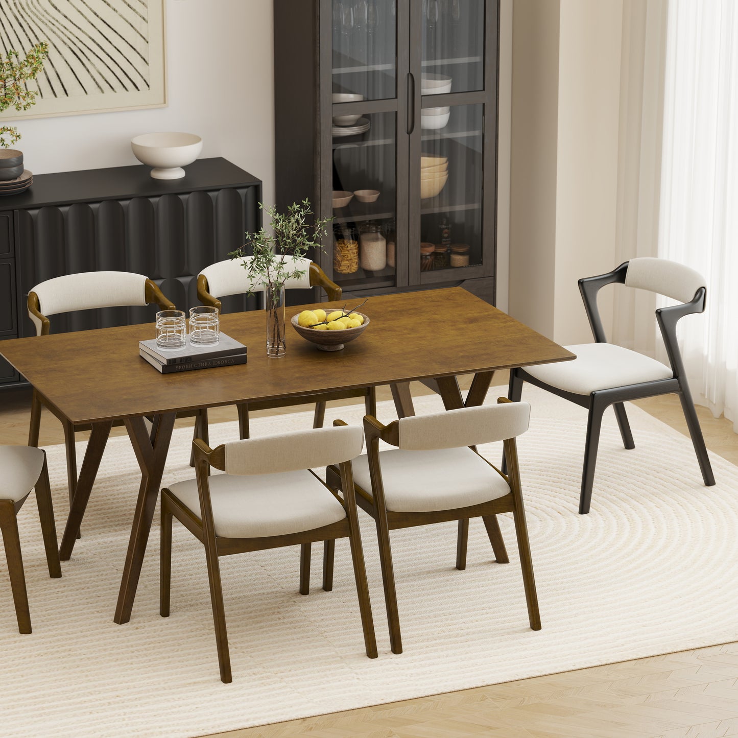 Roundhill Furniture Lavin Modern 5-Piece Dining Set, Dining Table with 2 Walnut and 2 Black Chairs