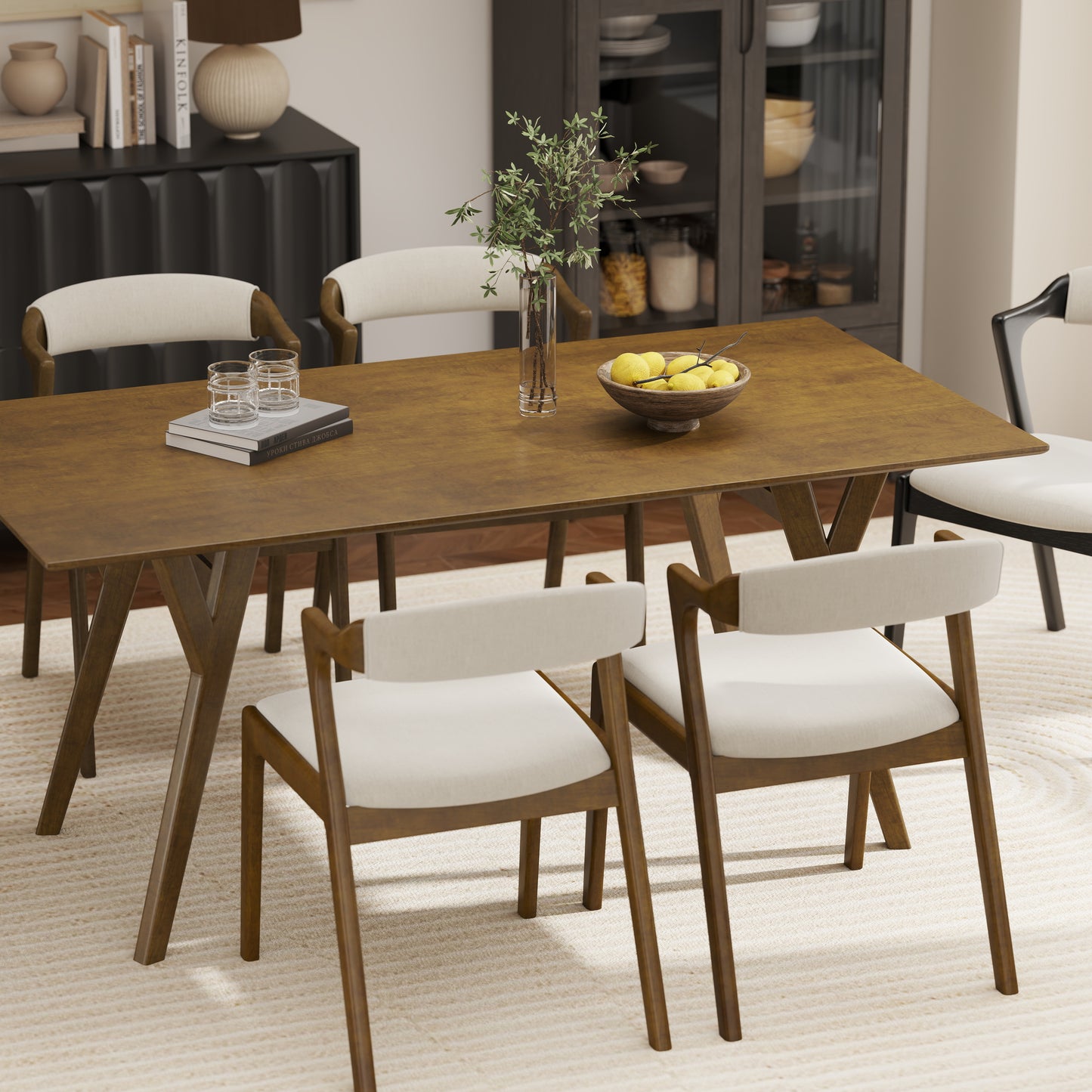 Roundhill Furniture Lavin Modern 5-Piece Dining Set, Dining Table with 2 Walnut and 2 Black Chairs