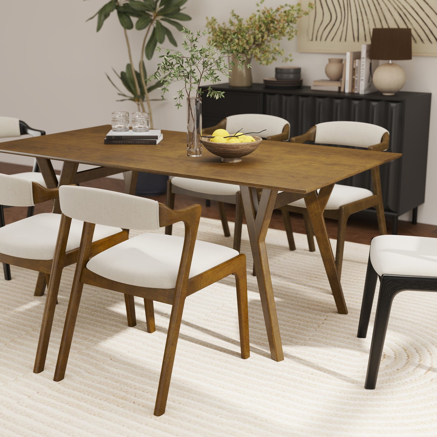 Roundhill Furniture Lavin Modern 5-Piece Dining Set, Dining Table with 2 Walnut and 2 Black Chairs