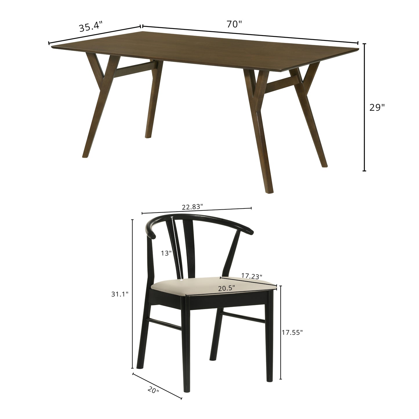 Roundhill Furniture Lavin Modern 7-Piece Dining Set, Walnut Finished Dining Table with 6 Wishbone Chairs
