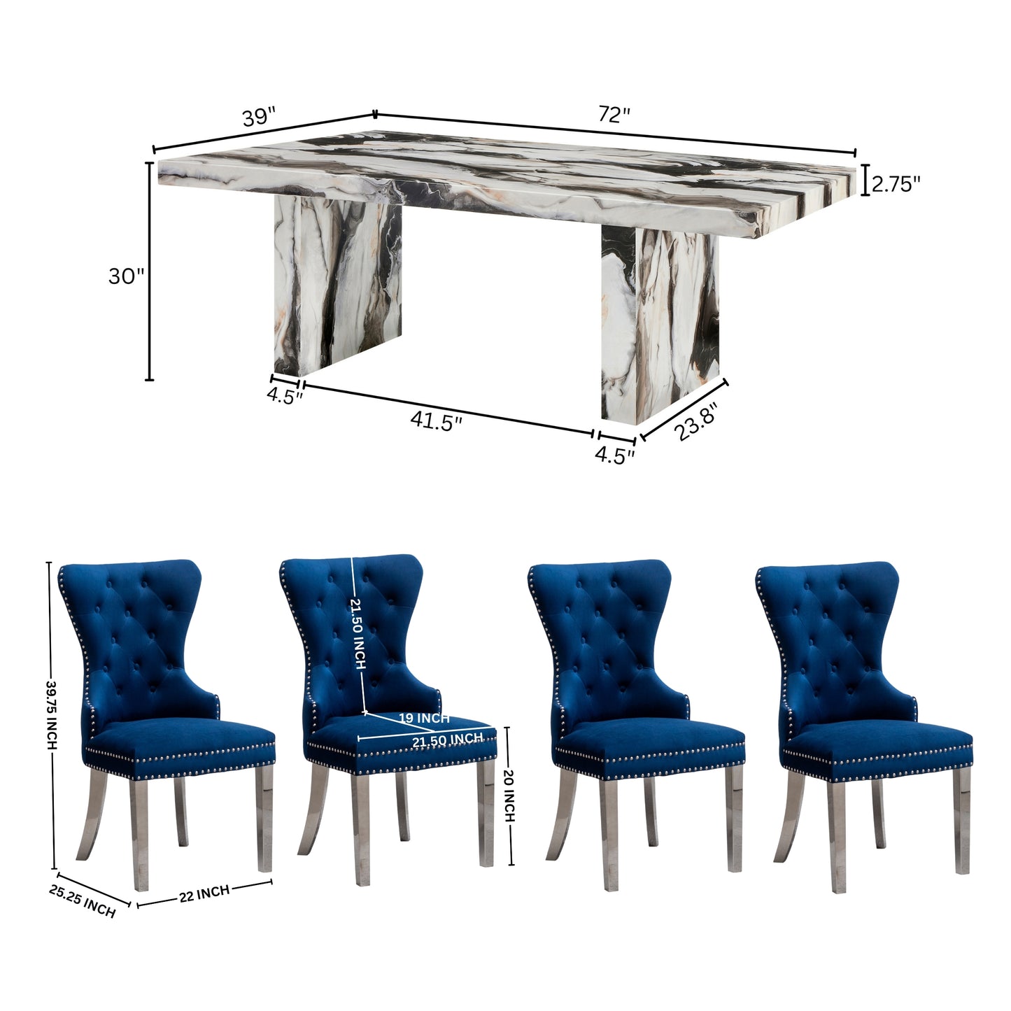 Roundhill Furniture Cavira 5-Piece Modern Dining Set, Faux Marble Dining Table with Four Chairs