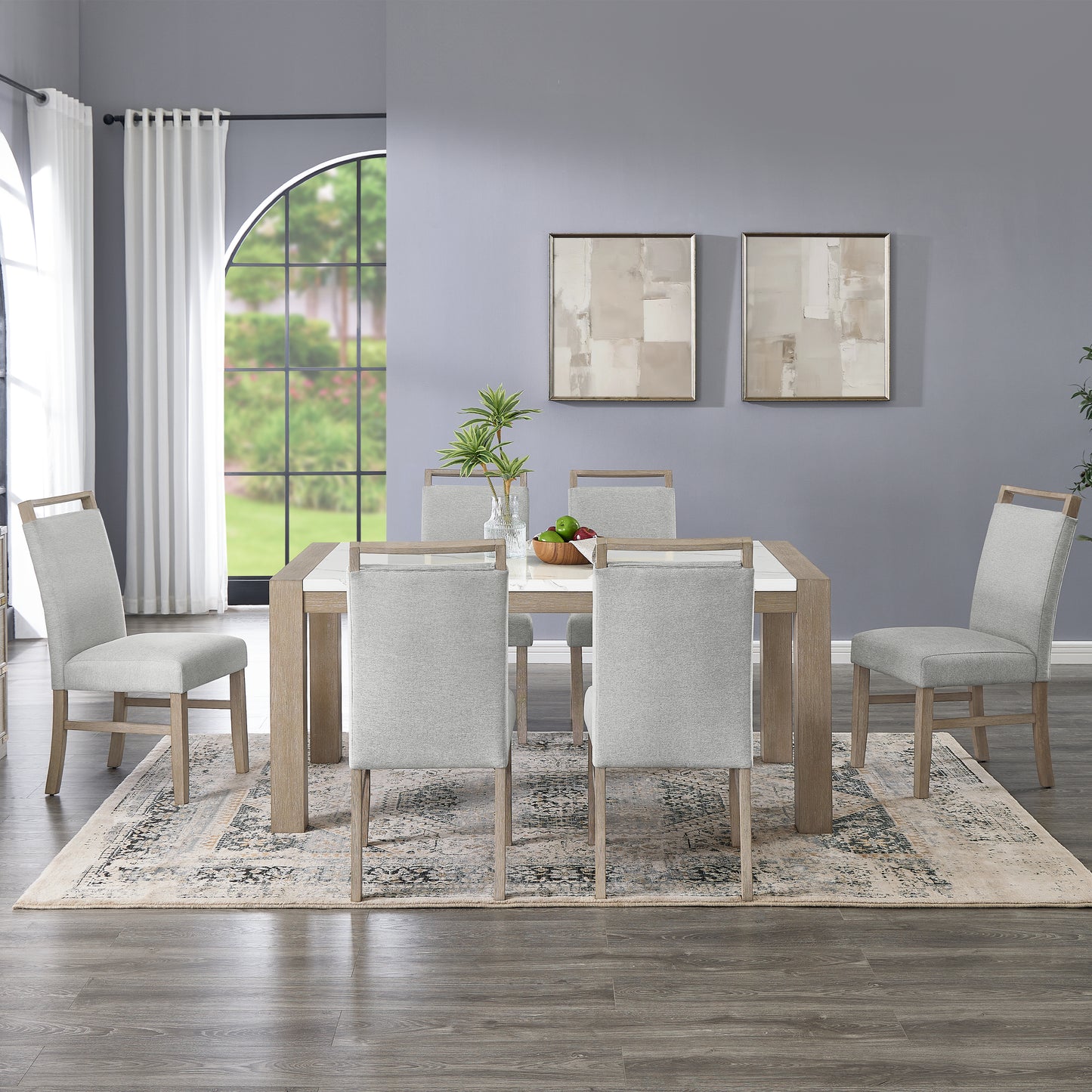 Roundhill Furniture Zelalle 7-Piece Dining Set, Table with 6 Chairs, White Wired-Brushed Finish