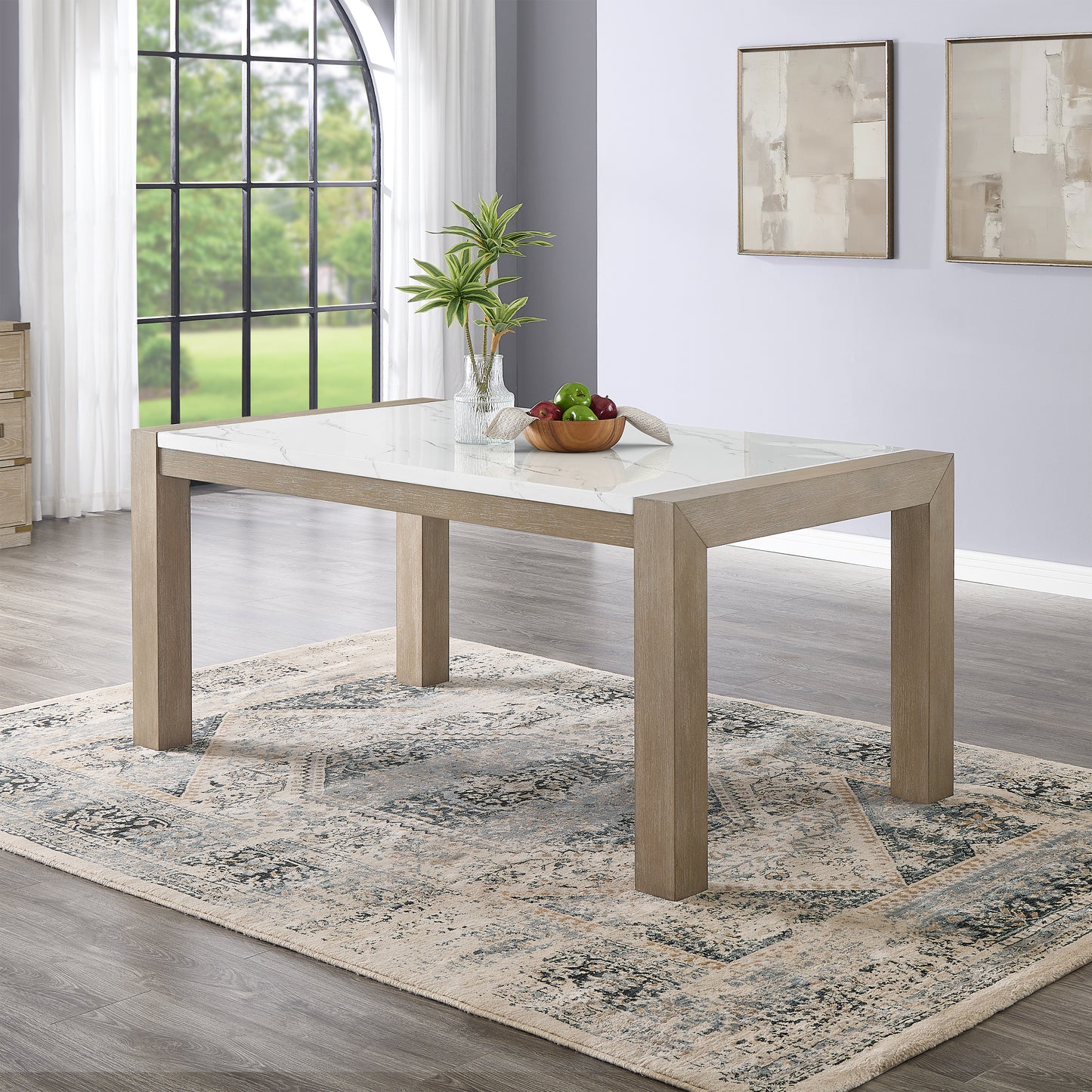 Roundhill Furniture Zelalle 7-Piece Dining Set, Table with 6 Chairs, White Wired-Brushed Finish