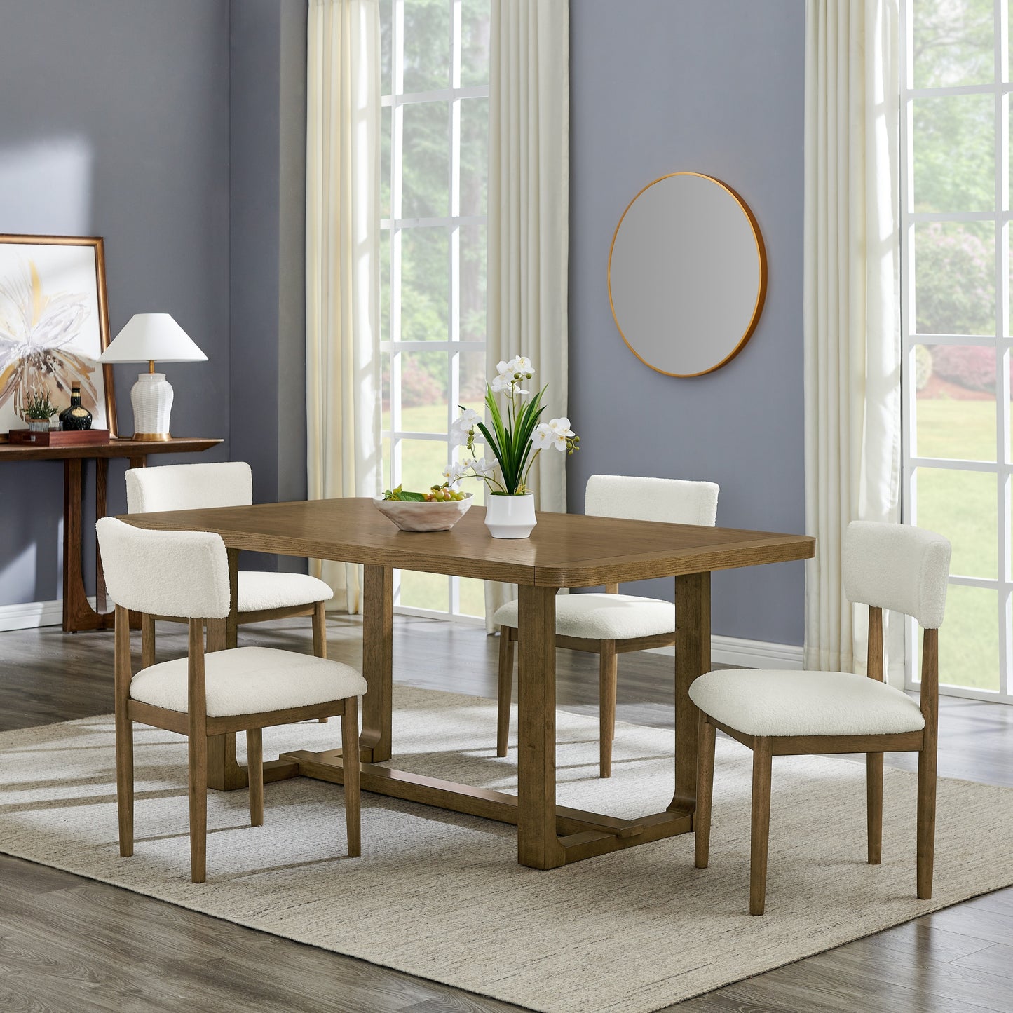 Roundhill Furniture Andus 5-Piece Dining Set, Trestle Dining Table with 4 Stylish Chairs, Light Oak