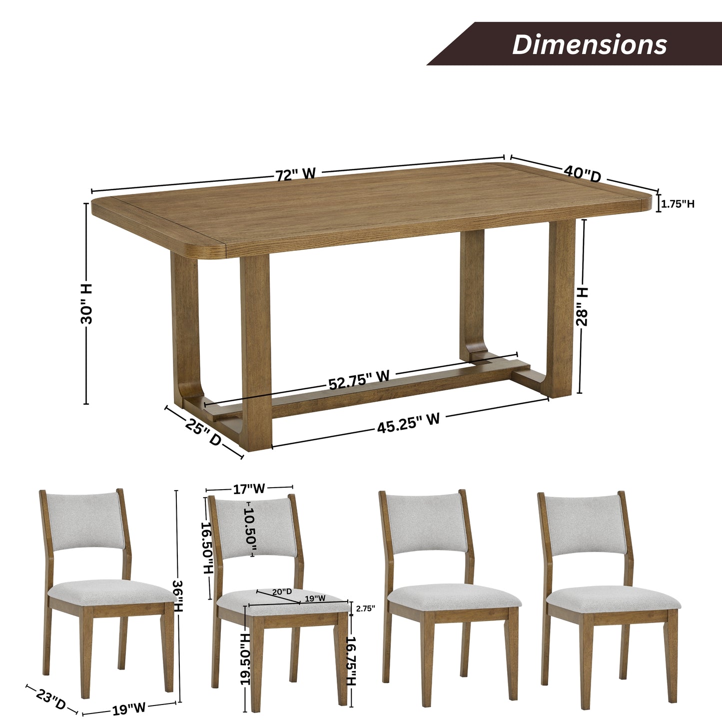 Roundhill Furniture Parker 5-Piece Dining Set, Trestle Dining Table with 4 Stylish Chairs, Light Oak