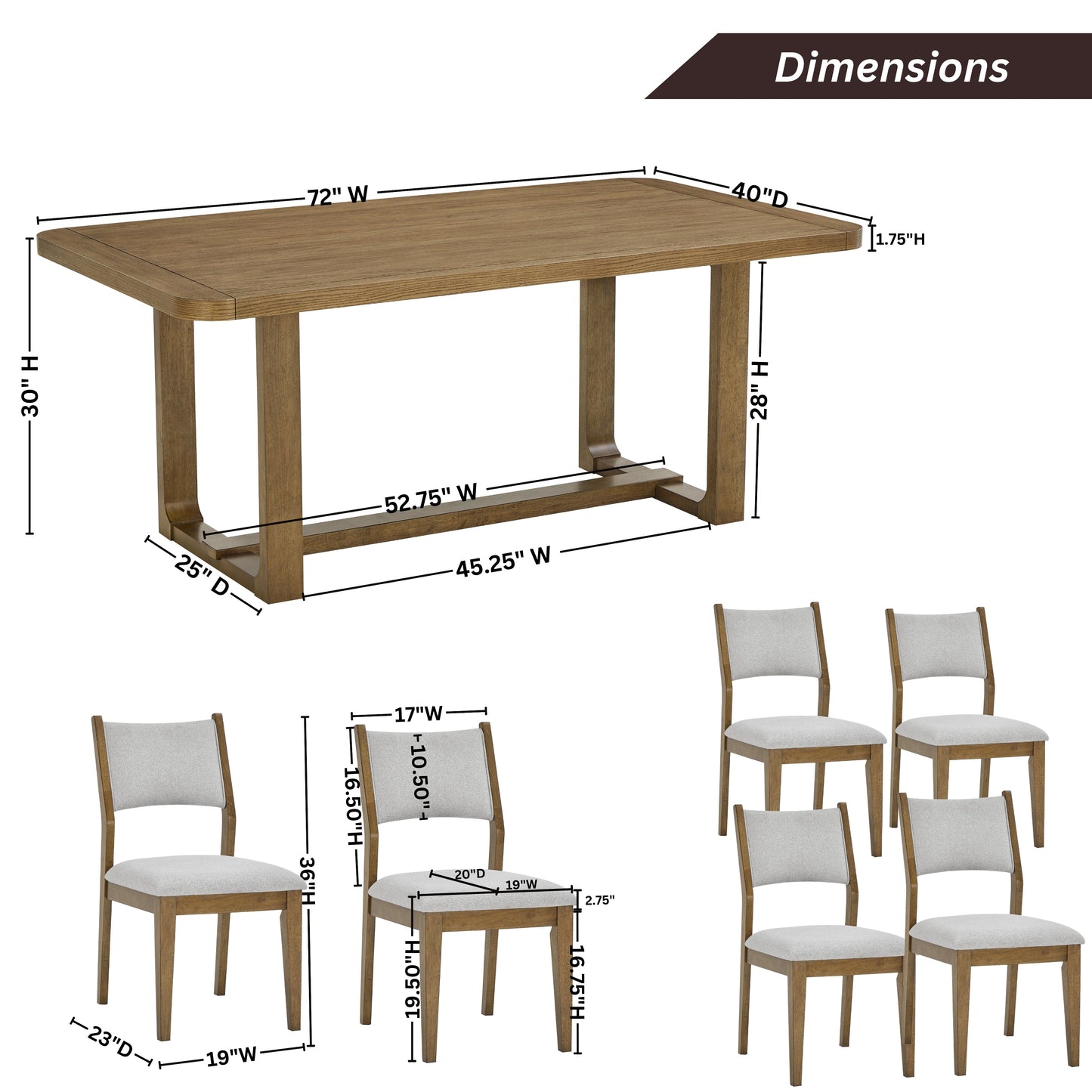 Roundhill Furniture Parker Dining Set, Trestle Dining Table with Stylish Chairs, Light Oak