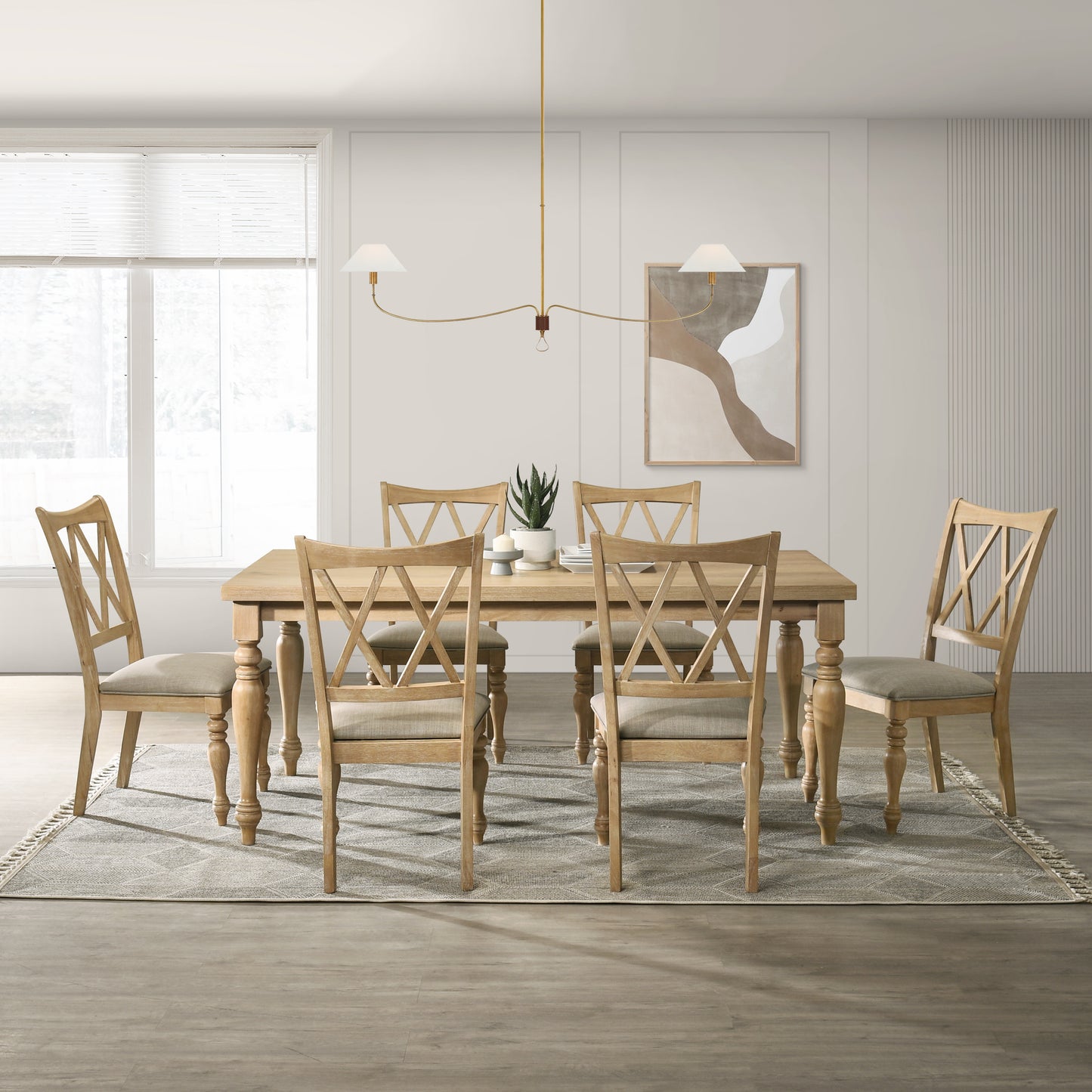 Roundhill Furniture Verta 7-Piece Dining Table with 6 Cross Back Dining Chairs, Light Oak Finish