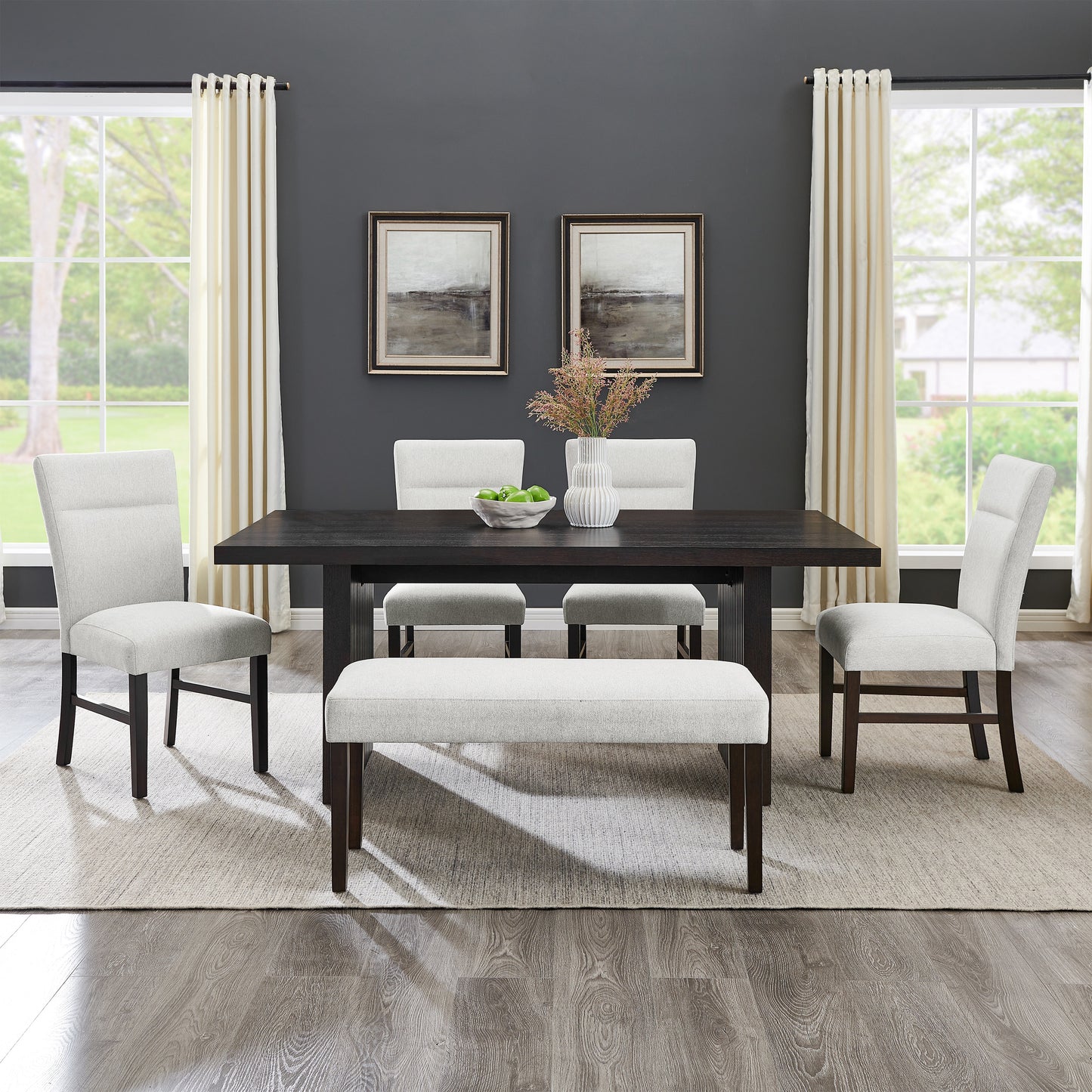 Roundhill Furniture Madison 6-Piece Dining Set, Slat-Fluted Dining Table with 4 Chairs and Bench, Gray