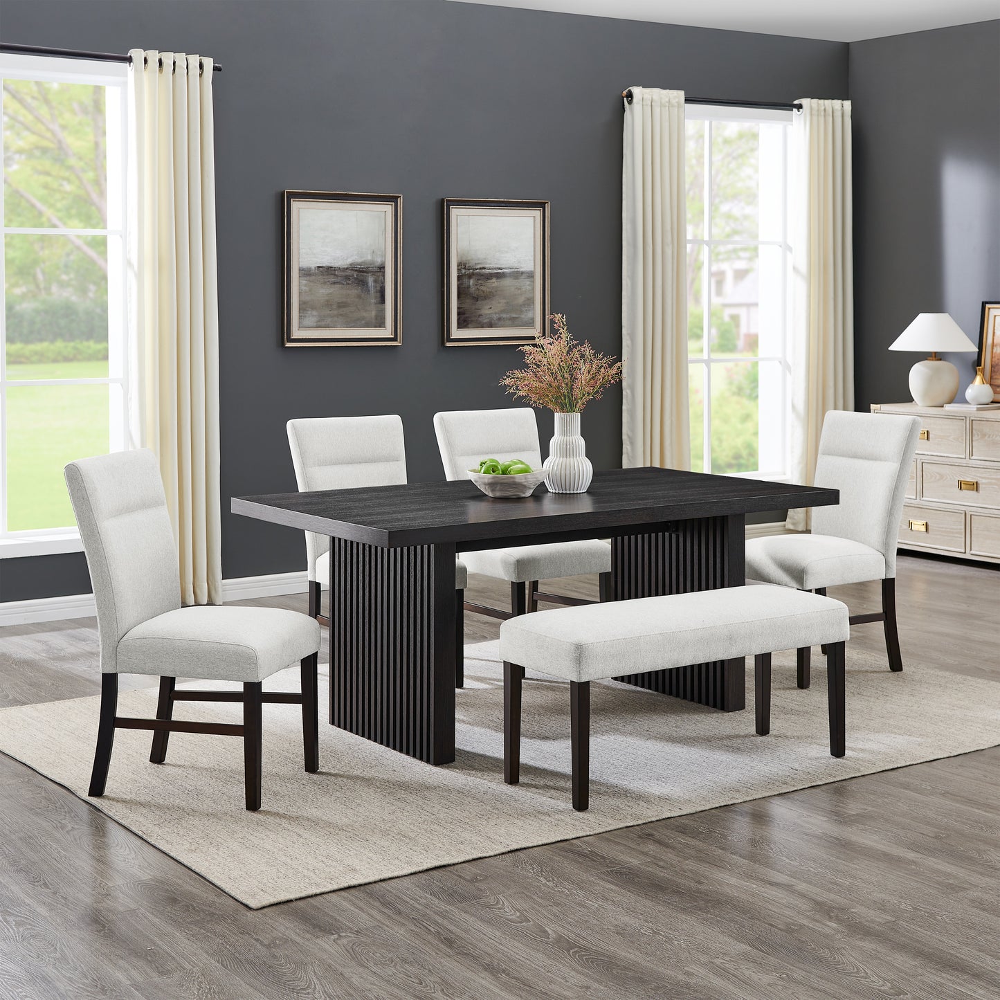 Roundhill Furniture Madison 6-Piece Dining Set, Slat-Fluted Dining Table with 4 Chairs and Bench, Gray