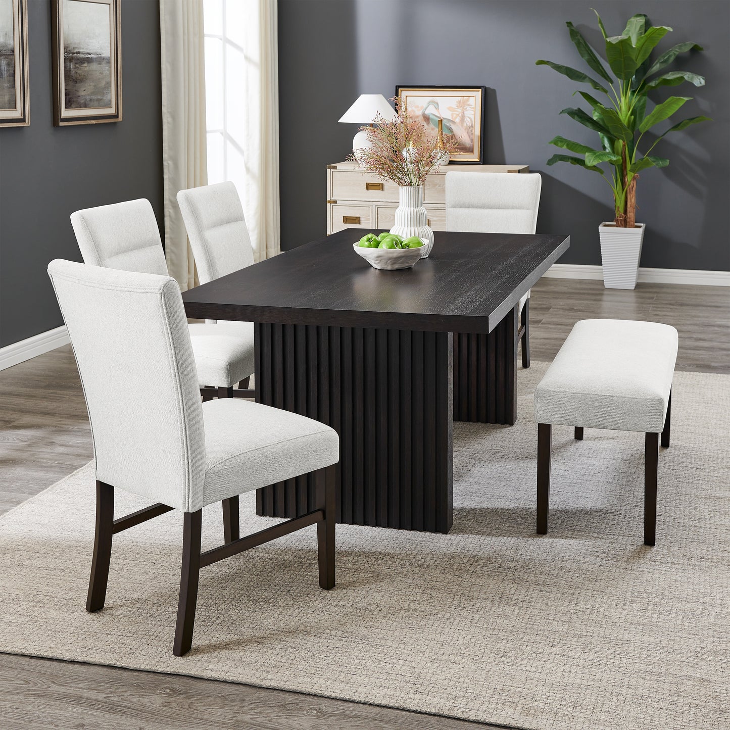 Roundhill Furniture Madison 6-Piece Dining Set, Slat-Fluted Dining Table with 4 Chairs and Bench, Gray